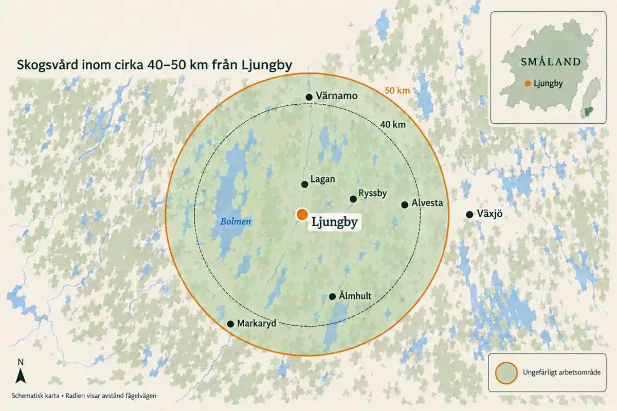 Schematisk karta över arbetsområdet: cirka 40–50 km runt Ljungby med Lagan, Ryssby, Värnamo, Alvesta, Älmhult, Markaryd och sjön Bolmen utmarkerade